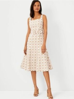 Ann Taylor Rattan Print Belted Flare Dress in Whiskey Cream Size 8 NWT